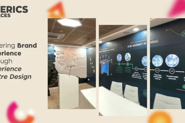 Corporate experience centre design with branded walls, timeline graphics, and immersive storytelling installations by Interics InSpaces