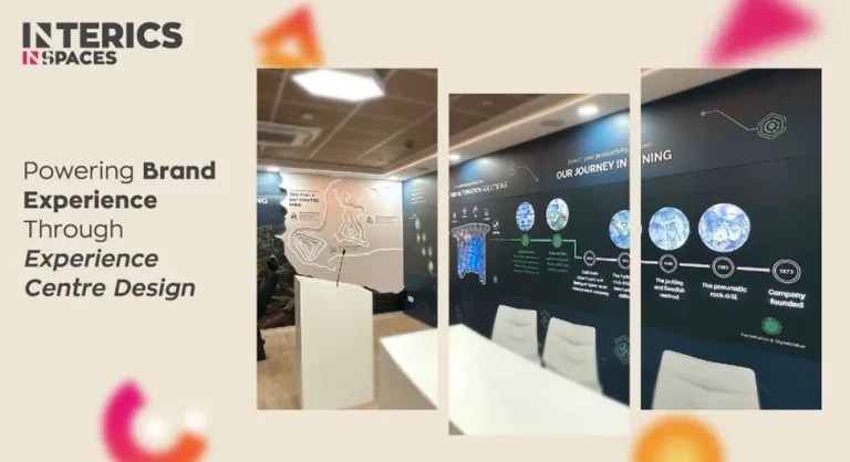 Corporate experience centre design with branded walls, timeline graphics, and immersive storytelling installations by Interics InSpaces
