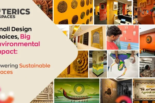 Sustainable interior design collage showcasing eco-friendly materials and creative environmental branding by Interics InSpaces