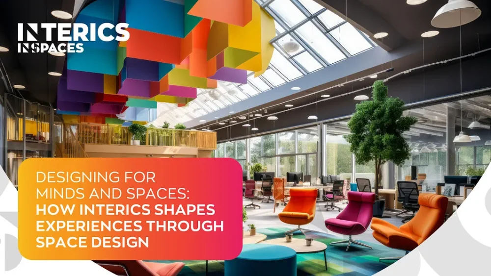 Modern colorful office interior with creative ceiling design showcasing innovative workspace design by Interics InSpaces