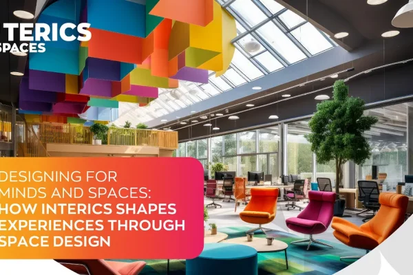 Modern colorful office interior with creative ceiling design showcasing innovative workspace design by Interics InSpaces