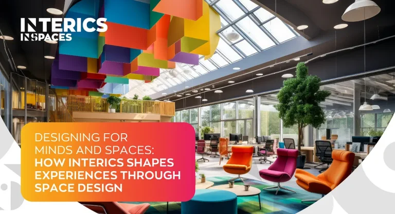 Modern colorful office interior with creative ceiling design showcasing innovative workspace design by Interics InSpaces