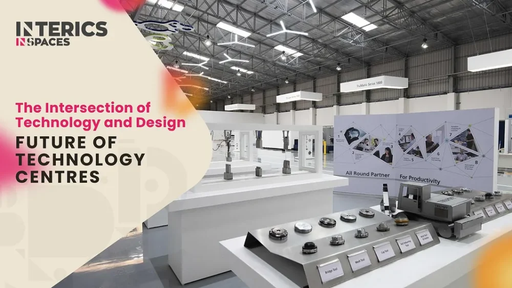 Modern technology centre interior showcasing industrial innovation displays and immersive brand environment design