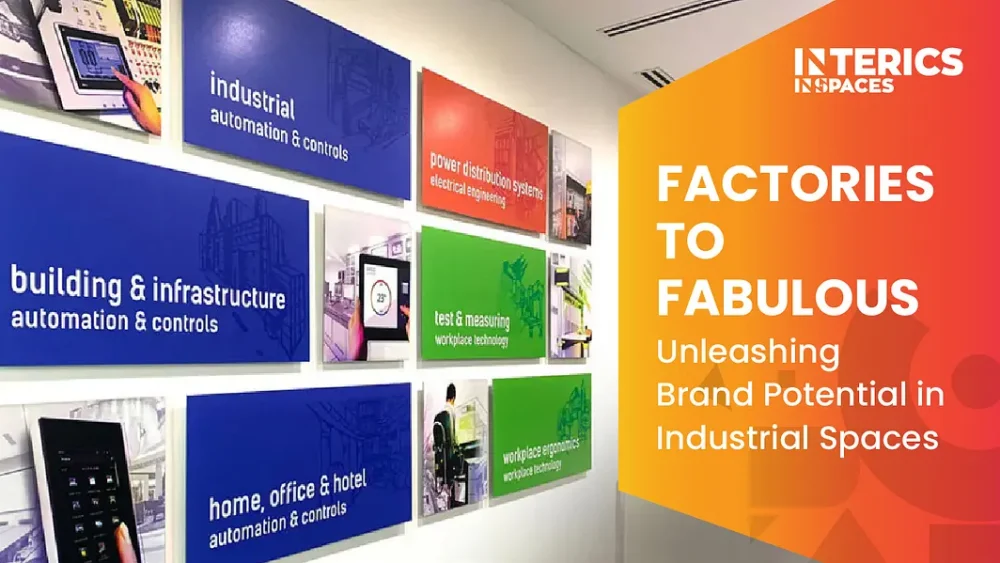 Industrial space branding wall showcasing automation, infrastructure, and workplace technology displays by Interics InSpaces