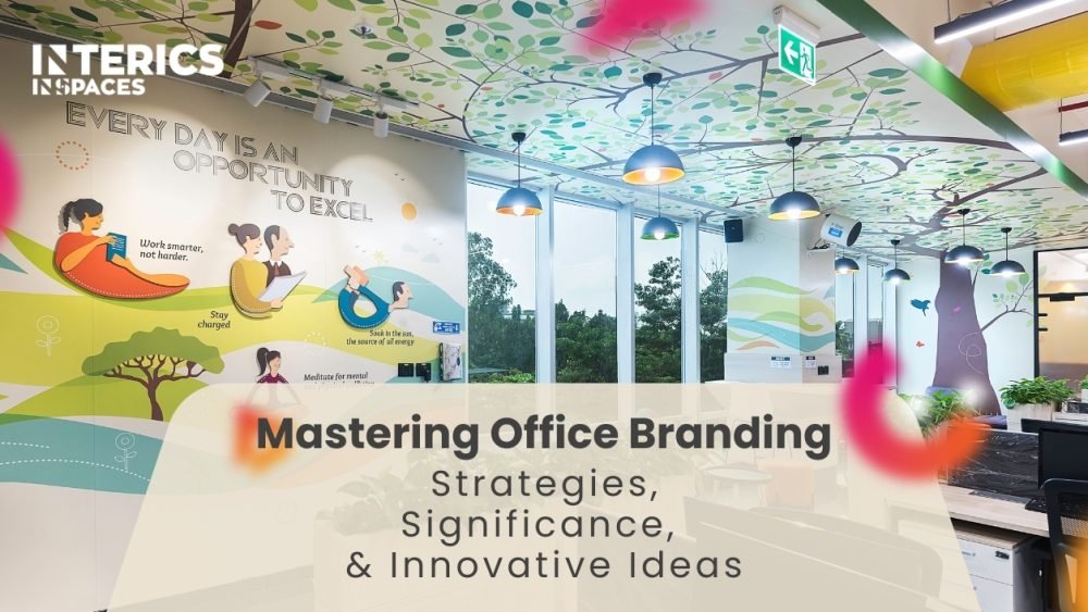 Colorful modern office interior with nature-themed wall murals and ceiling design showcasing creative office branding by Interics Spaces.