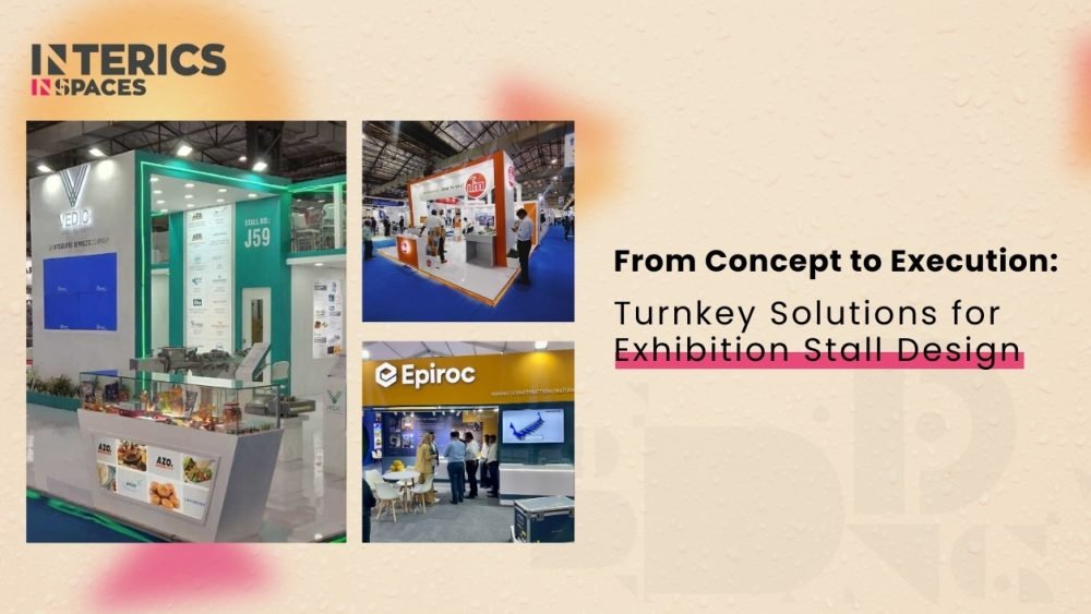Custom exhibition stall designs by Interics Spaces showcasing branded trade show booths and turnkey exhibition solutions.