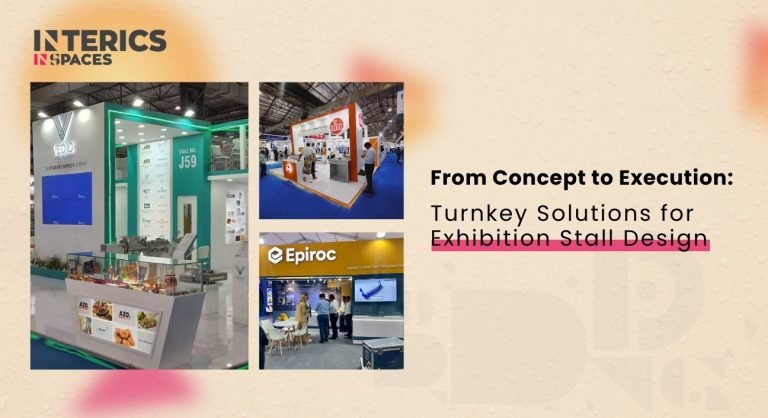 Custom exhibition stall designs by Interics Spaces showcasing branded trade show booths and turnkey exhibition solutions.