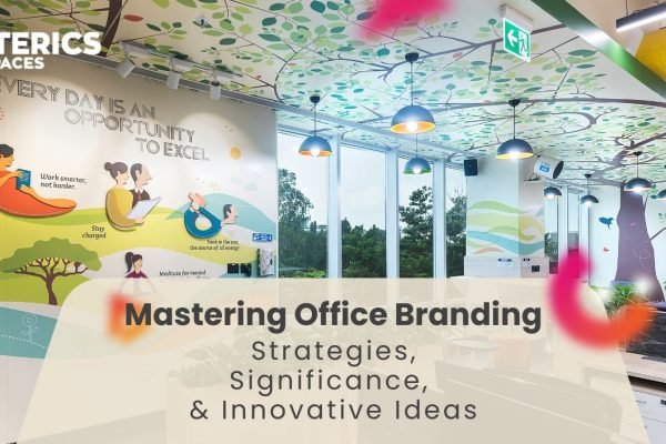 Colorful modern office interior with nature-themed wall murals and ceiling design showcasing creative office branding by Interics Spaces.
