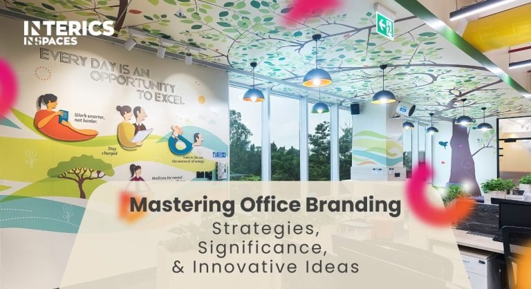 Colorful modern office interior with nature-themed wall murals and ceiling design showcasing creative office branding by Interics Spaces.
