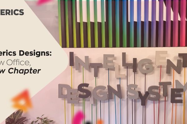 Interics Designs new office interior featuring colorful wall installation and creative workspace branding