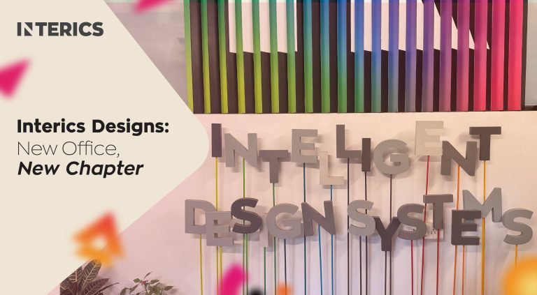 Interics Designs new office interior featuring colorful wall installation and creative workspace branding