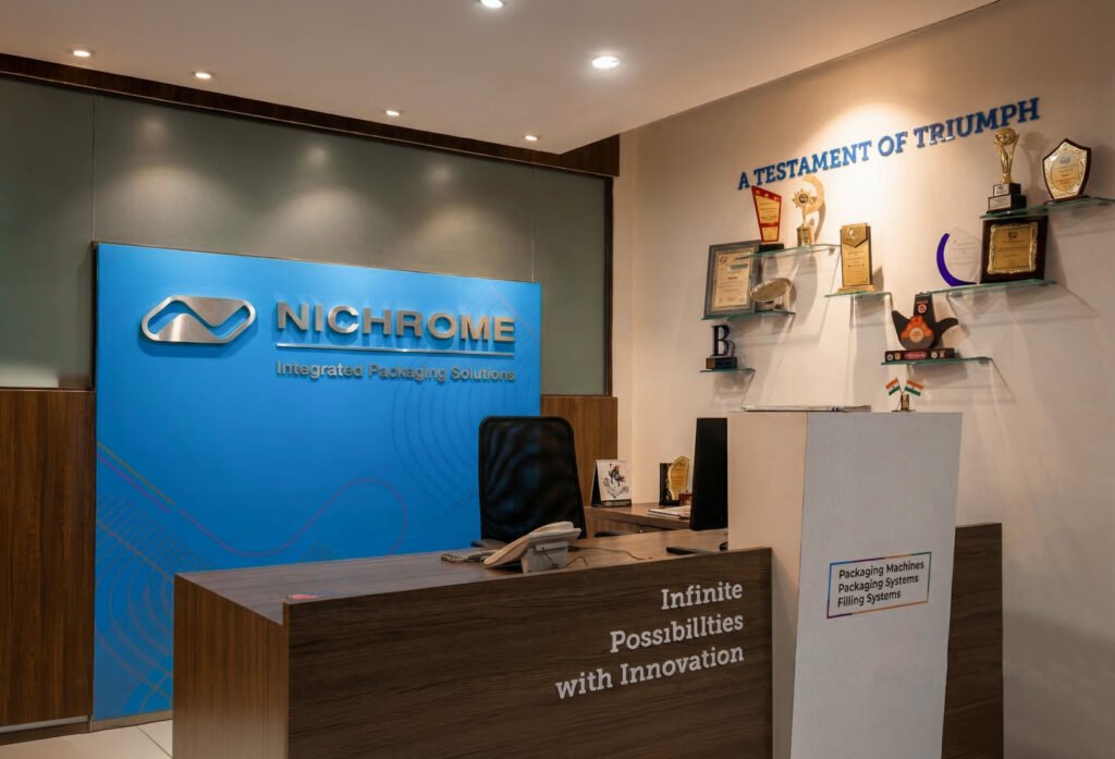 Nichrome corporate reception area showcasing integrated packaging solutions branding, innovation-focused workspace, and industry achievement awards.