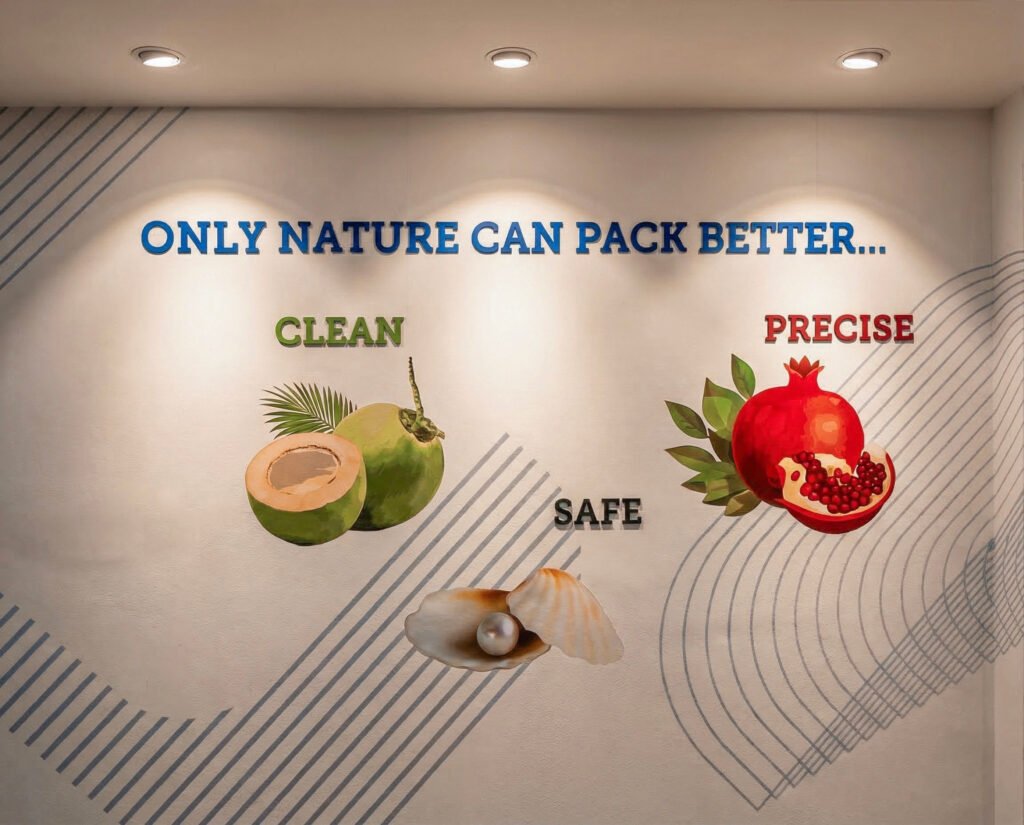 Wall graphic showcasing nature-inspired packaging principles with coconut, pearl shell, and pomegranate representing clean, safe, and precise packaging solutions.