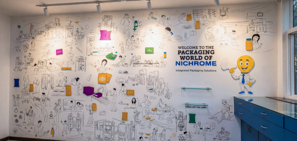 Illustrated Nichrome packaging solutions wall showcasing packaging machines, products, and integrated packaging processes in a modern experience center.