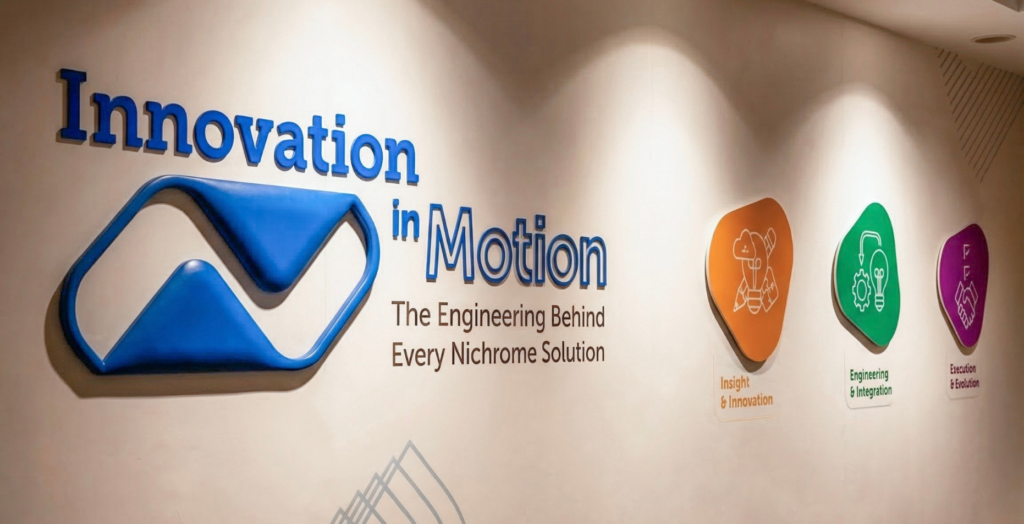 Innovation in Motion wall display showcasing Nichrome's engineering process, innovation, integration, and execution in packaging solutions.