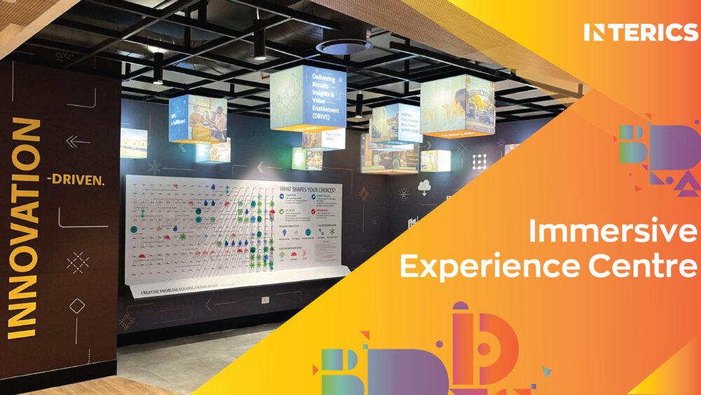 Immersive Experience Centre by Interics showcasing innovative interior branding, suspended digital display cubes, and interactive visual storytelling for corporate environments.