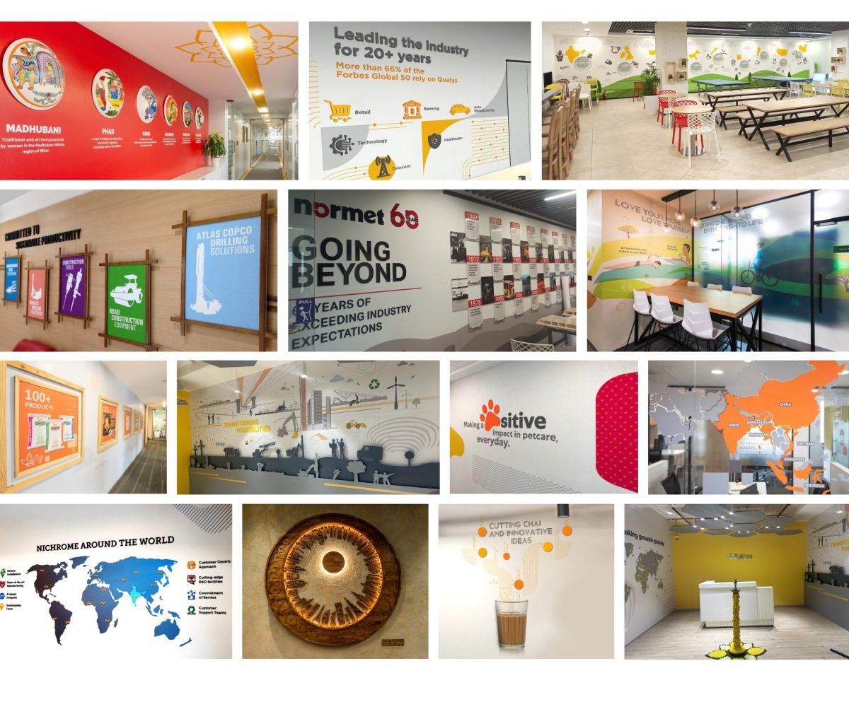 Office branding projects showcasing wall graphics, corporate murals, timeline displays, and branded workplace interiors